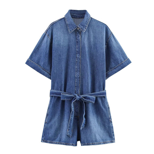 Women's European and American style lapel short sleeved denim jumpsuit
